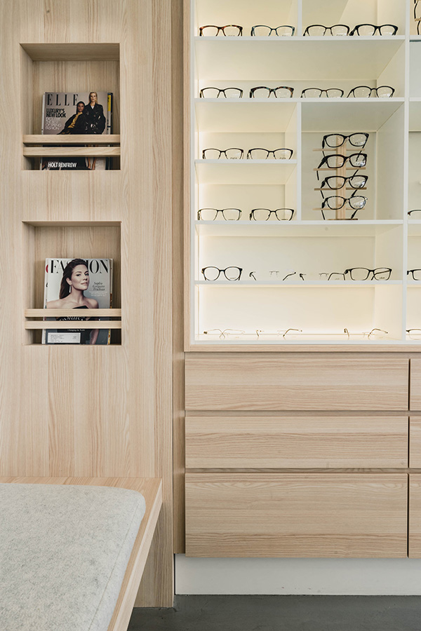 Boardwalk optometry interior finishing details and fixtures in a bright room
