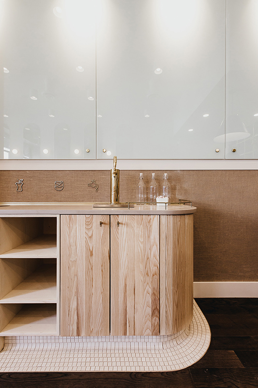 The Gray Olive Cafeteria watering station design, counter top, and cabinets