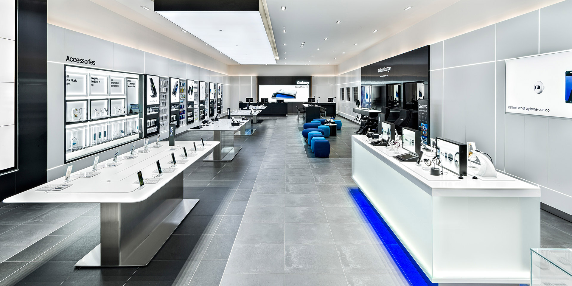 Samsung store interior design by Cutler, showing product display units and a futuristic techy design vibe
