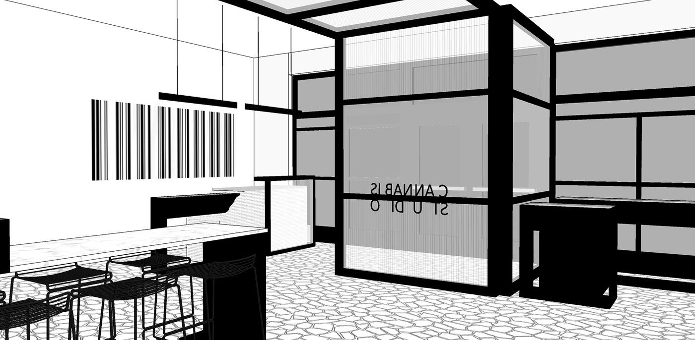 Sketch mockup architectural interior drawings of cannabis studio lounge area