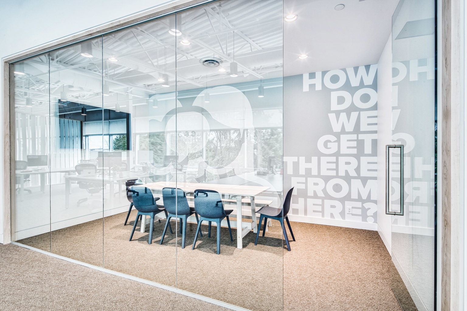 Collaborative workspace design in practice: a glass-fronted enclosed project room sized for six people in a North Vancouver office
