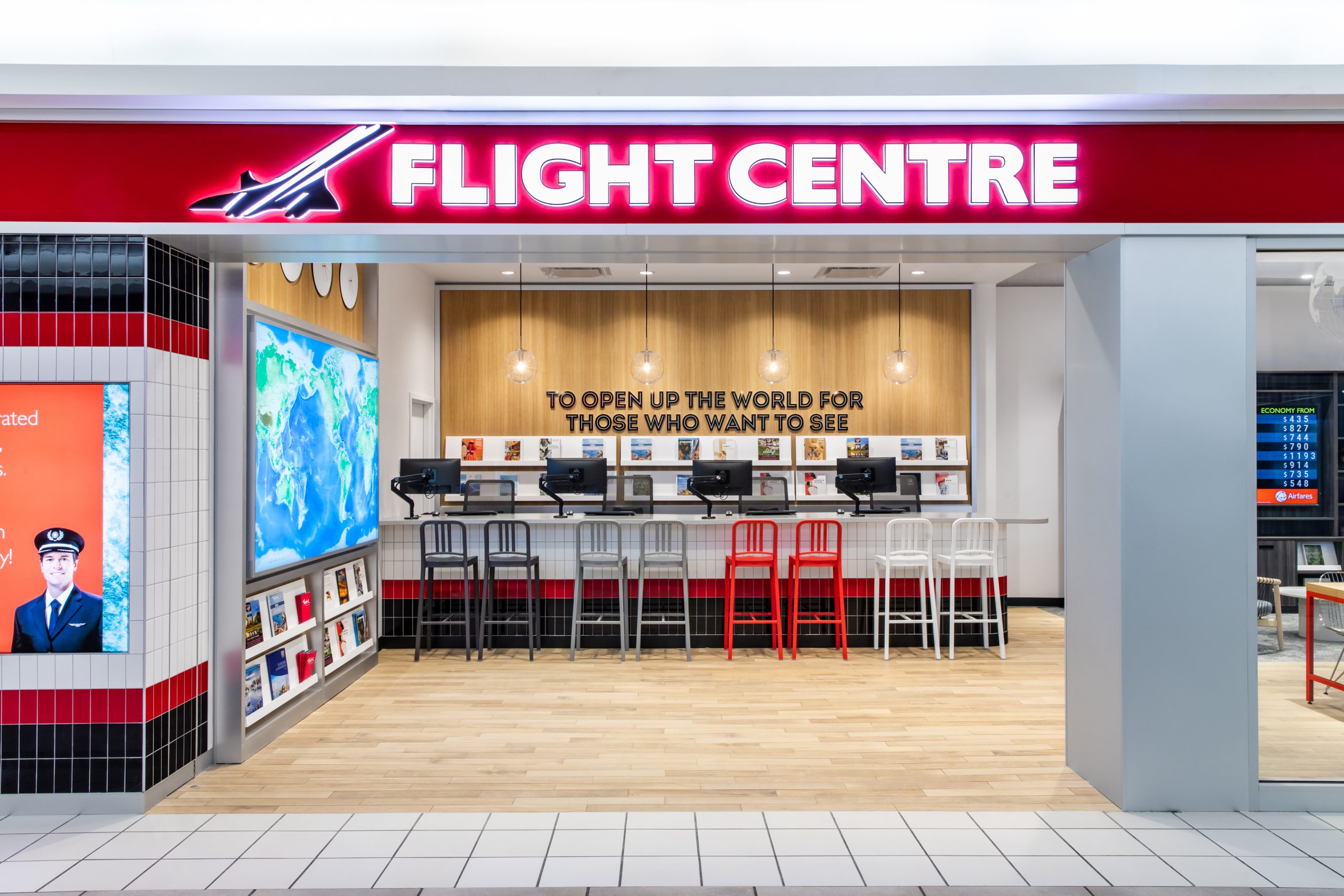 Retail front of shop, Retail Travel Interior Design, Flight Centre Coquitlam in Coquitlam BC, by Cutler