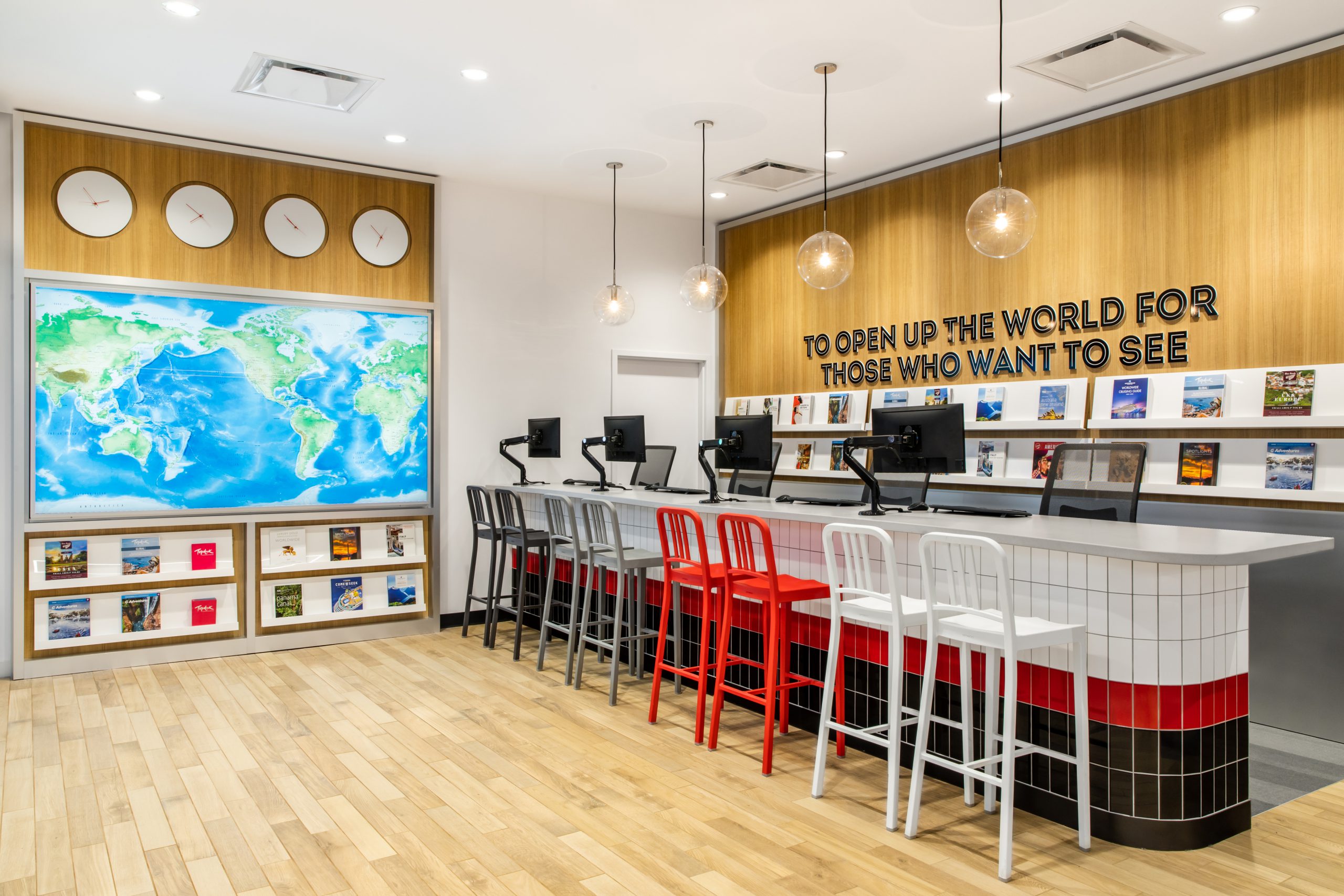 Showroom with stools, Retail Travel Interior Design, Flight Centre Coquitlam in Coquitlam BC, by Cutler