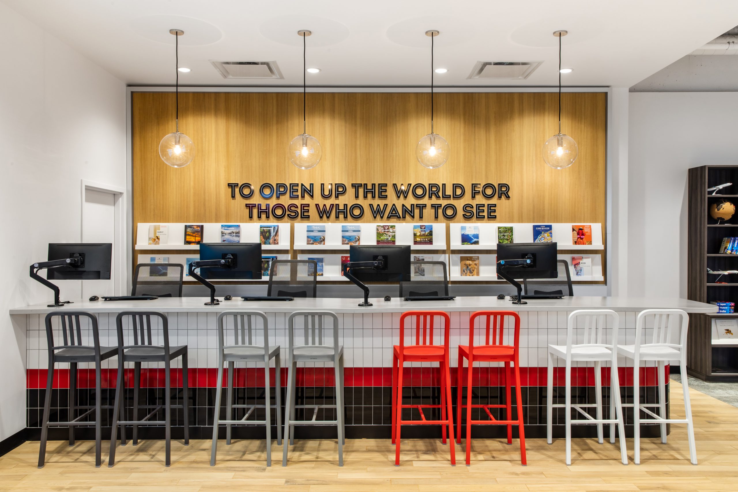 Frontdesk and chairs, Retail Travel Interior Design, Flight Centre Coquitlam in Coquitlam BC, by Cutler