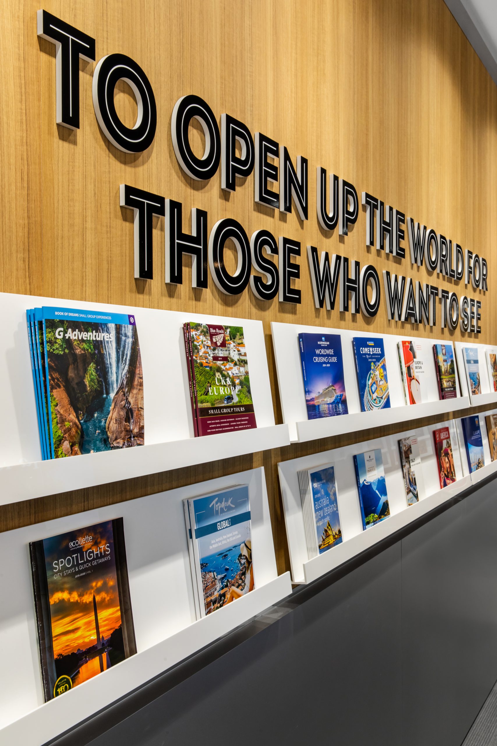 Wall with product features, Retail Travel Interior Design, Flight Centre Coquitlam in Coquitlam BC, by Cutler