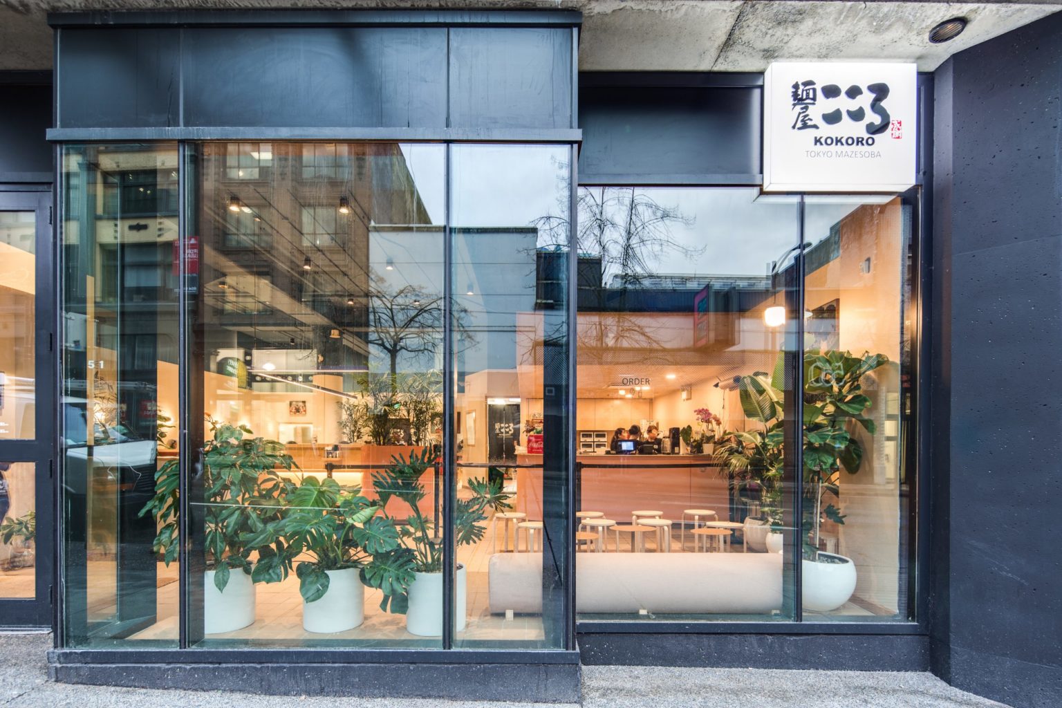 Restaurant storefront and entrance design by Cutler at Kokoro Ramen in Vancouver