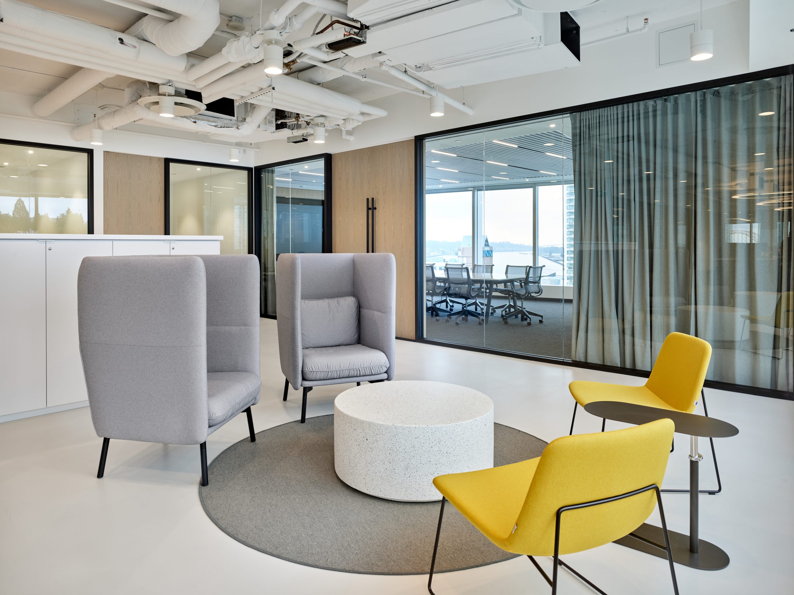 Office lounge area with chairs, Office & Workspace Interior Design, Panago Pizza Call Centre in New Westminster BC, by Cutler