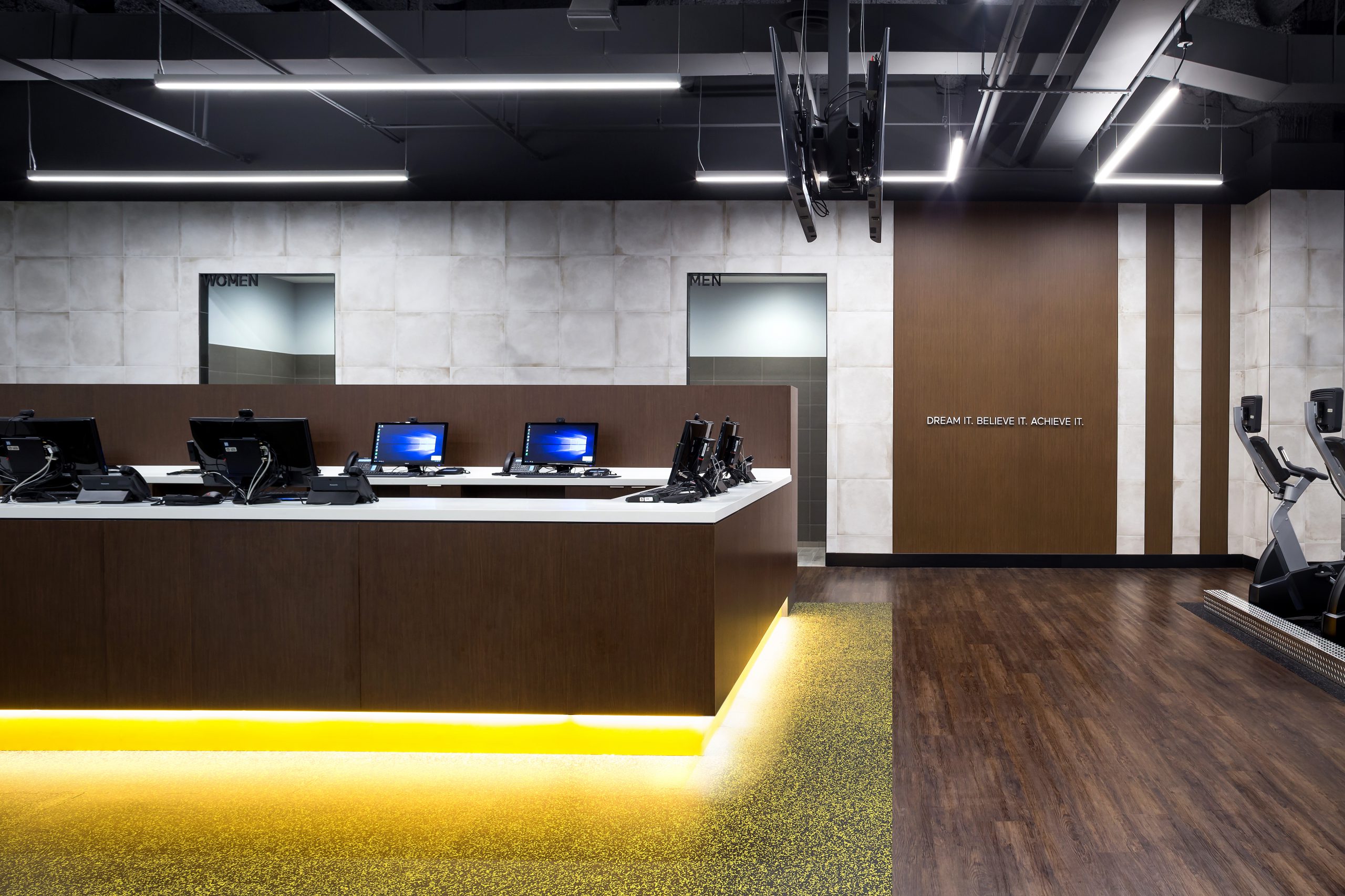 Front Desk Glowing, Gym Interior Design, Steve Nash Park Royal in West Vancouver BC, by Cutler