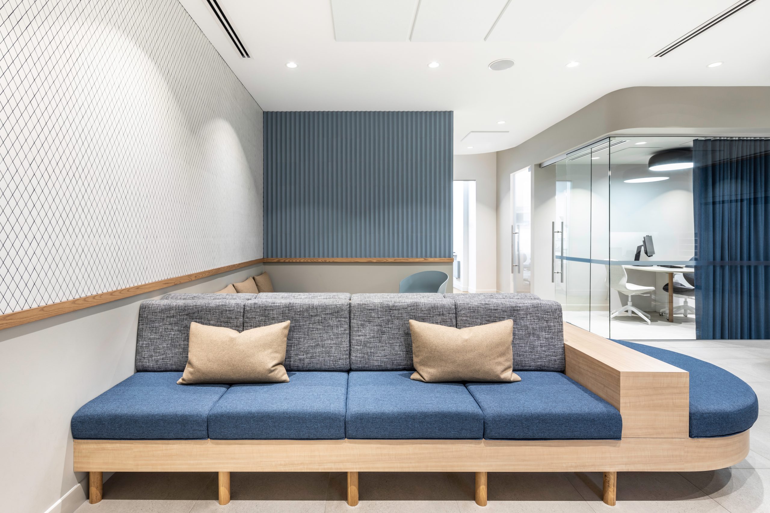 Tapestry Dental medical office interior design showing customer waiting area, private offices, and bright lighting. Located in Surrey BC, design by Cutler