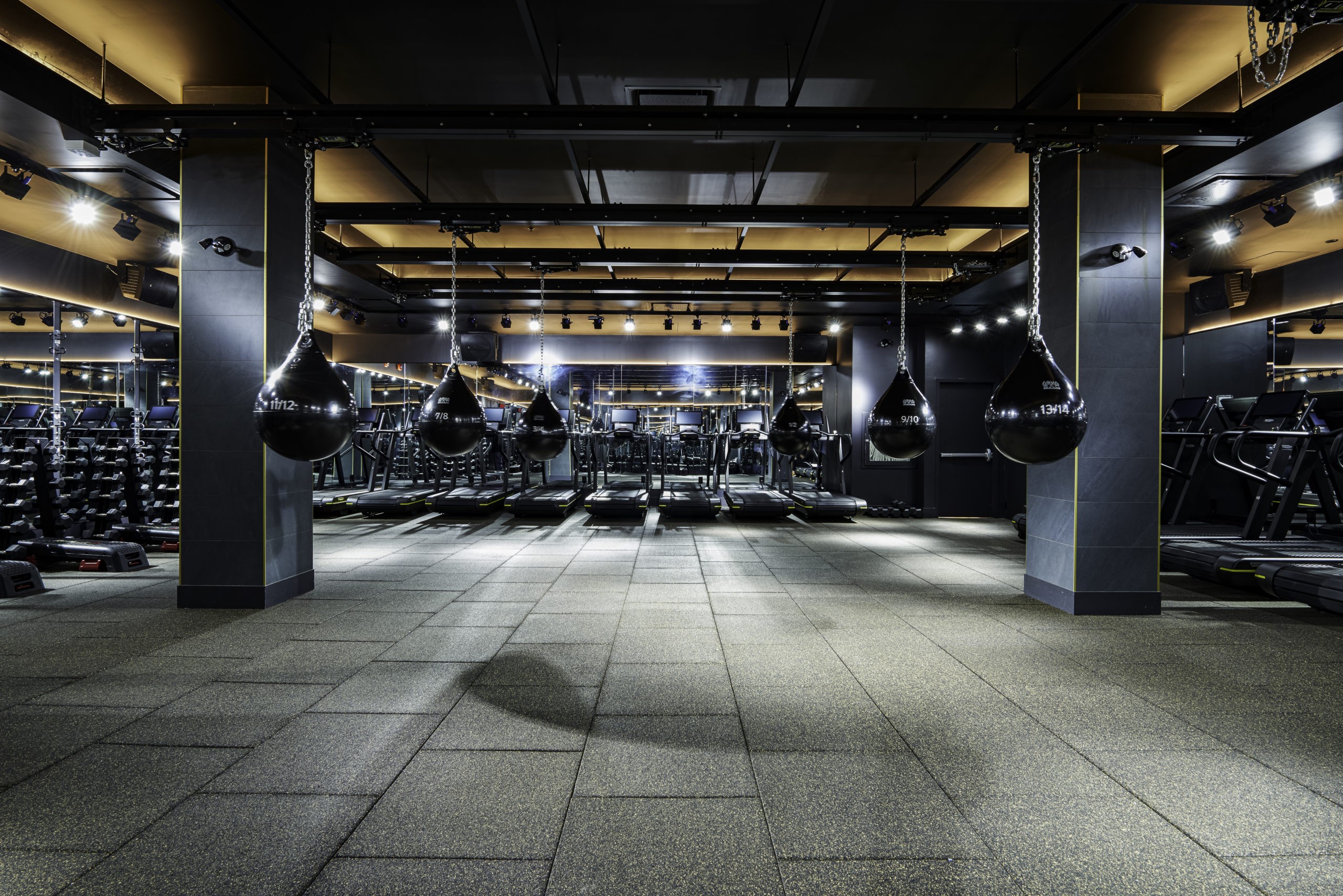 Punching bags and boxing ring, Gym Design, Sweat and Tonic in Toronto ON, by Cutler