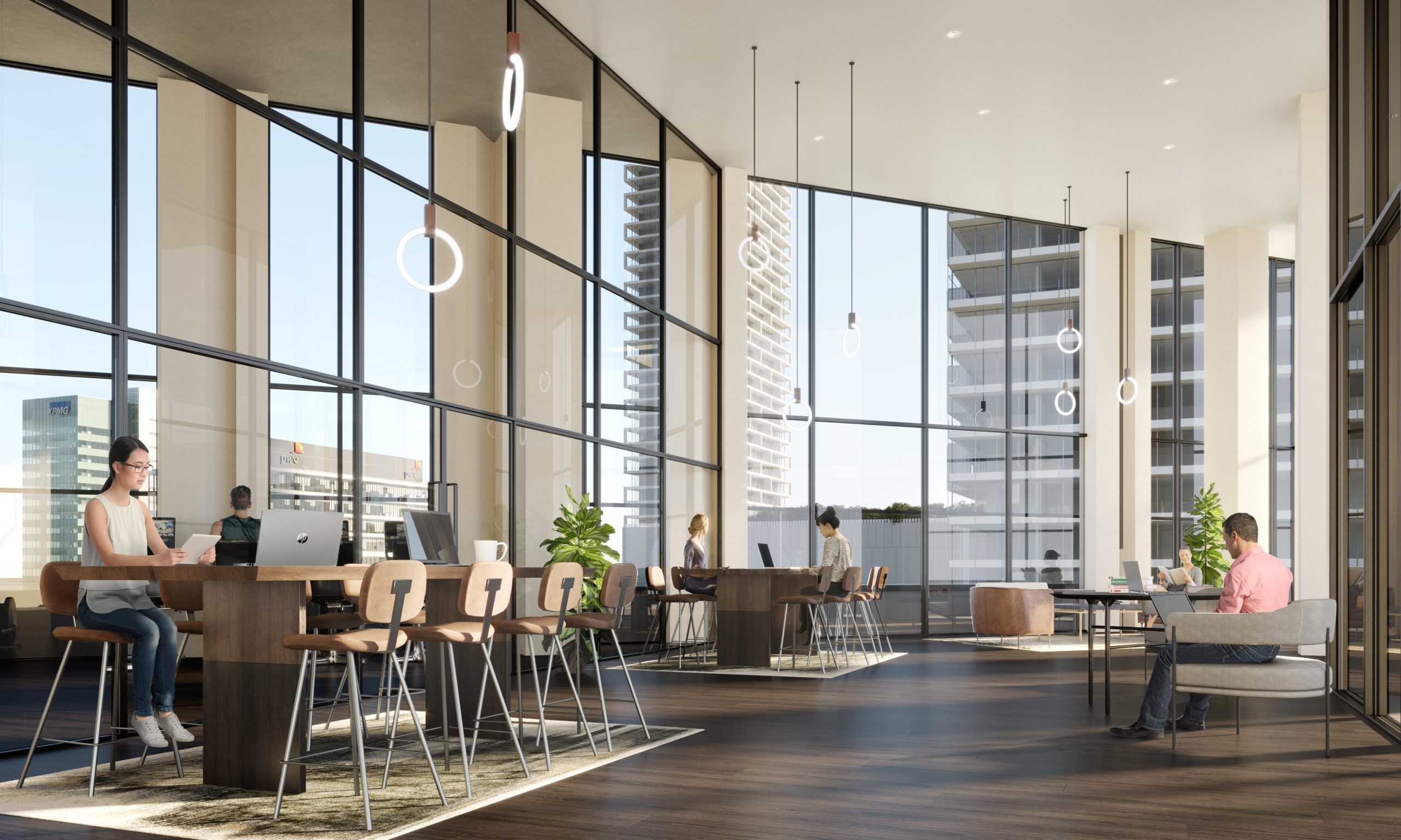 Large interior with tall windows and chairs, Fitness Amenity Centre Design, Transit City Amenity Centre in Toronto ON, by Cutler