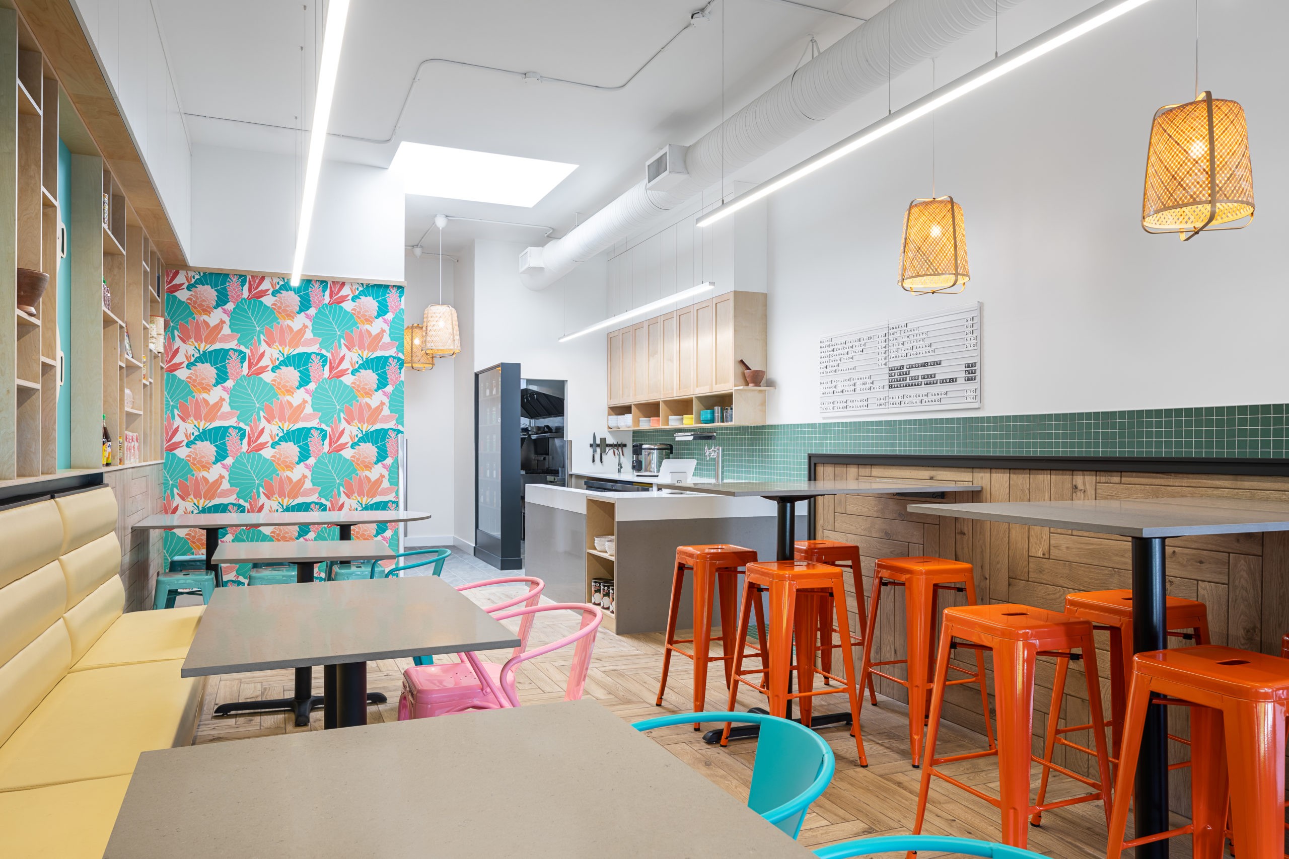 Tables and chairs in a Potluck Hawker restaurant, Restaurant Interior Design, Potluck Hawker in Vancouver BC, by Cutler