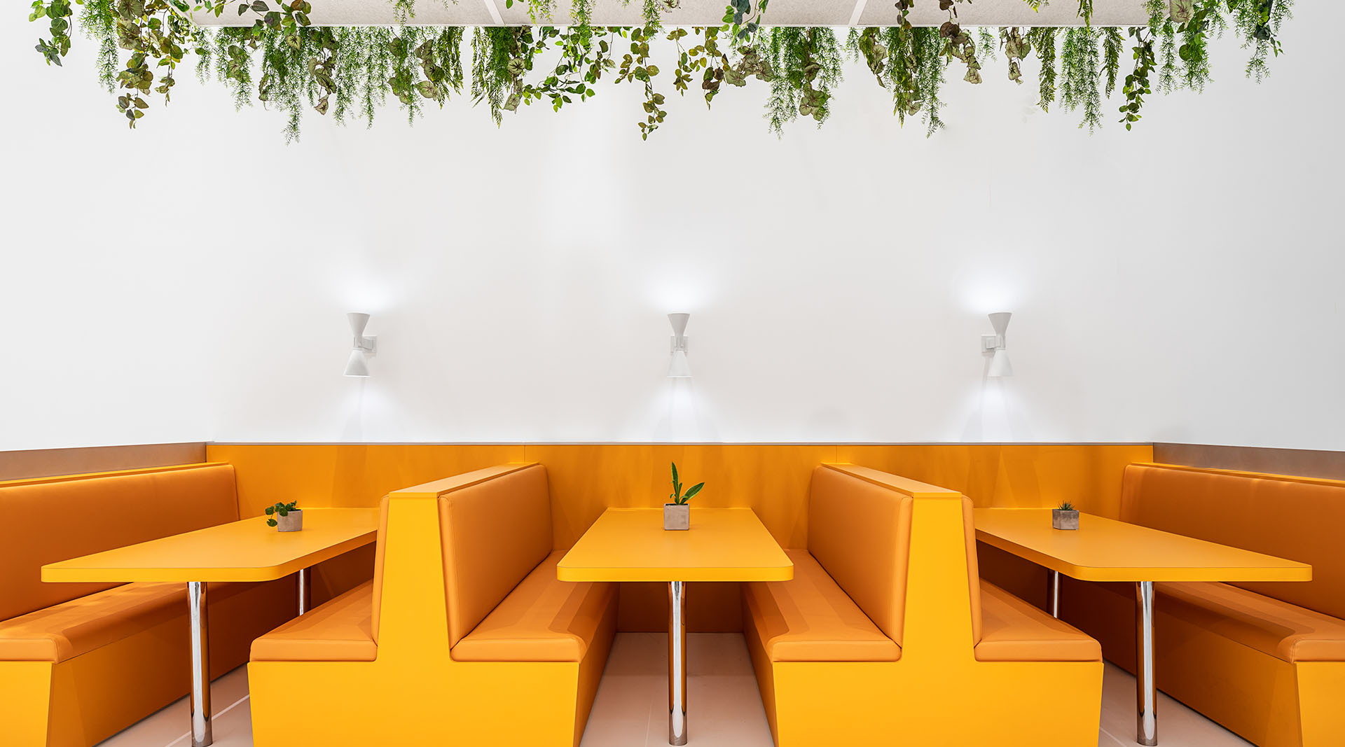Corporate cafeteria design at Keirton headquarters in Surrey BC, with bright orange seating, white walls, and overhanging plants