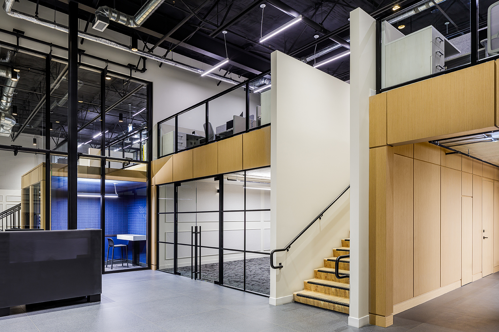 Stairs hallway balcony glass doors, , Kindred Construction in Vancouver BC, by Cutler