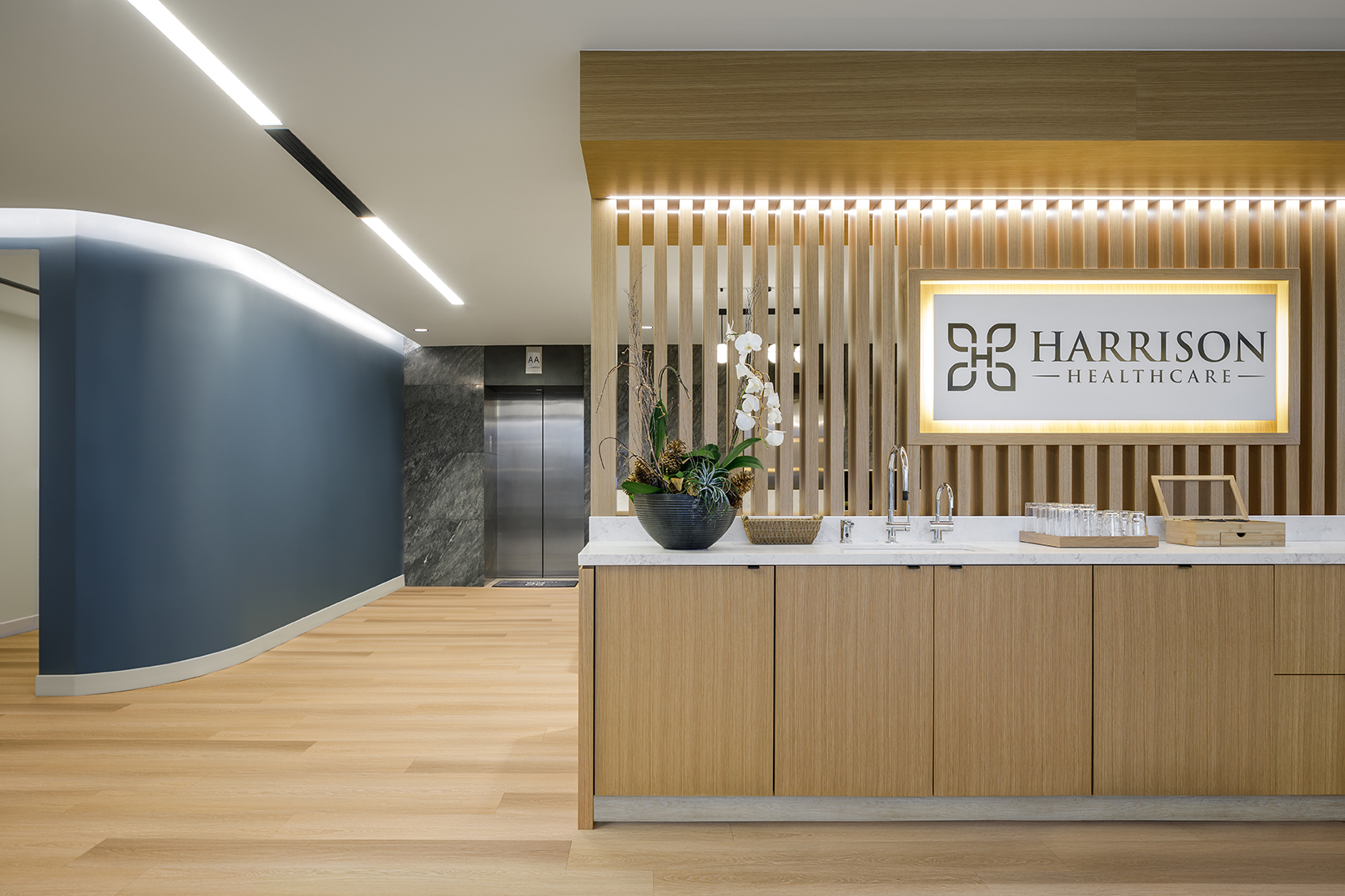 Reception, entry, hallway, millwork, , Harrison Healthcare in Vancouver BC, by Cutler