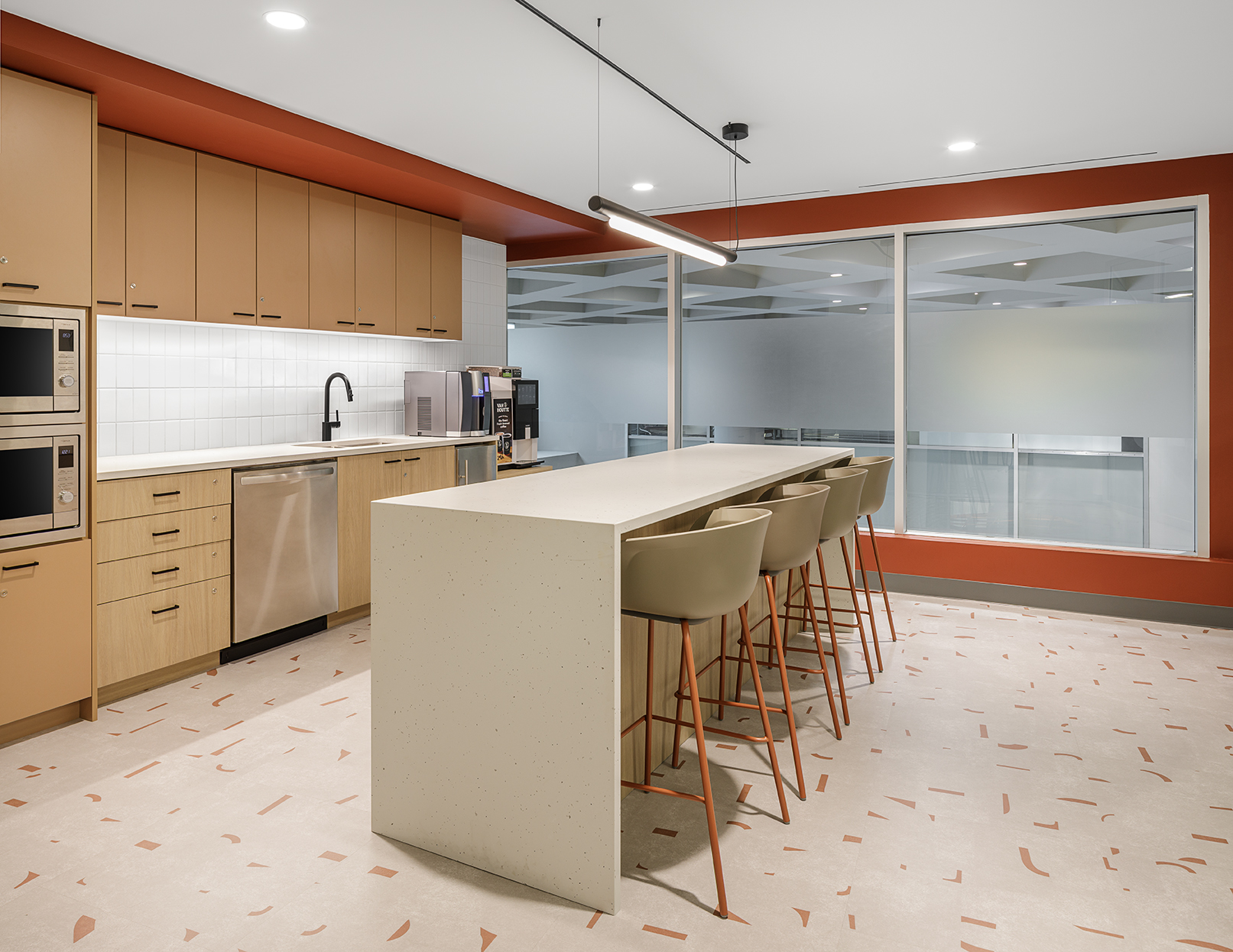 Staff kitchen, millwork, flooring, , Fortinet in Burnaby BC, by Cutler
