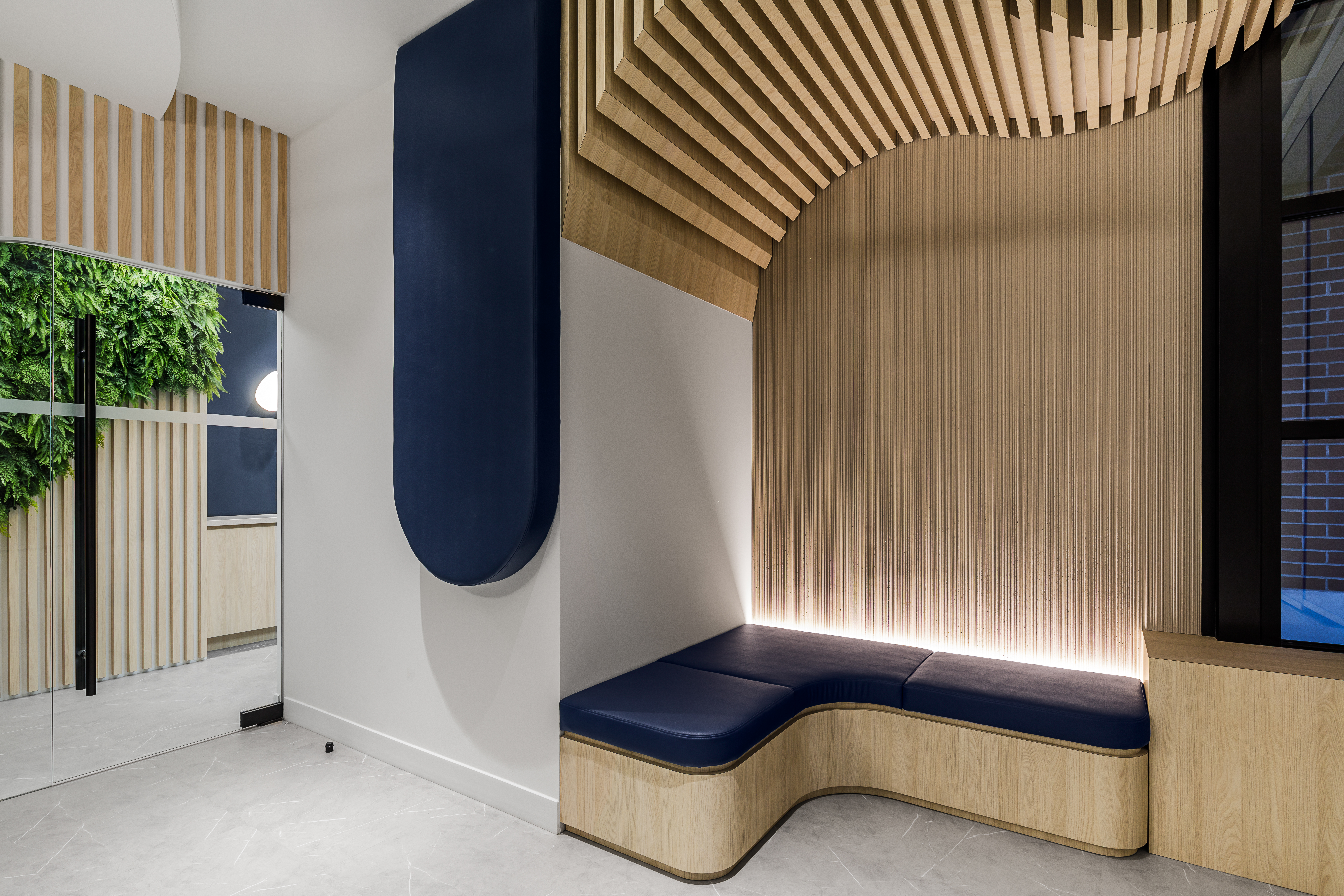 Dental office interior showing biophilic design elements with natural wood, plants, and layered lighting